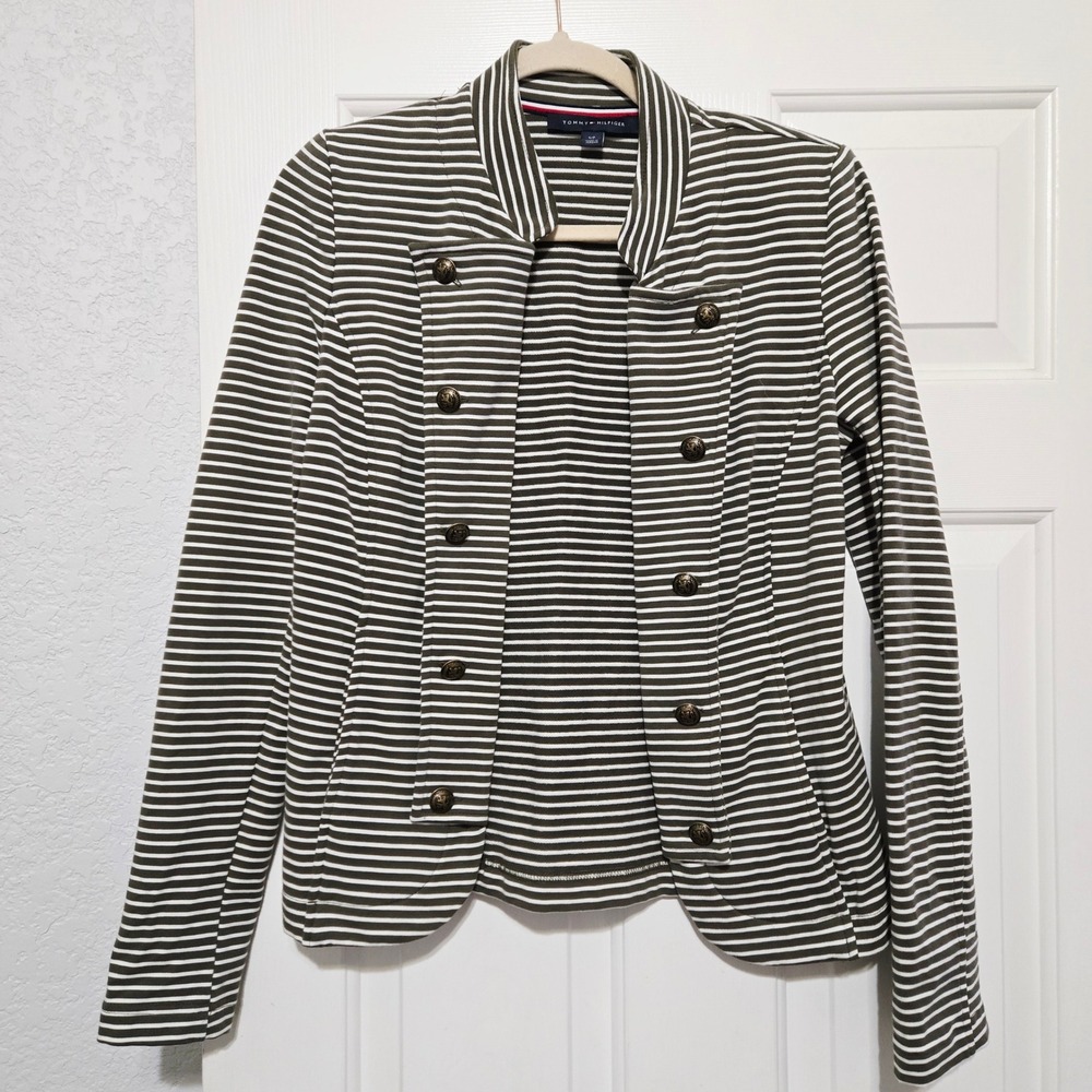Tommy Hilfiger Striped Military Style Blazer Jacket Womens S/P Olive Green White
